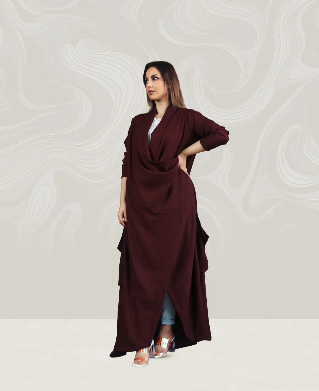 Burgundy Crepe Abaya with Embroidered Side Pockets