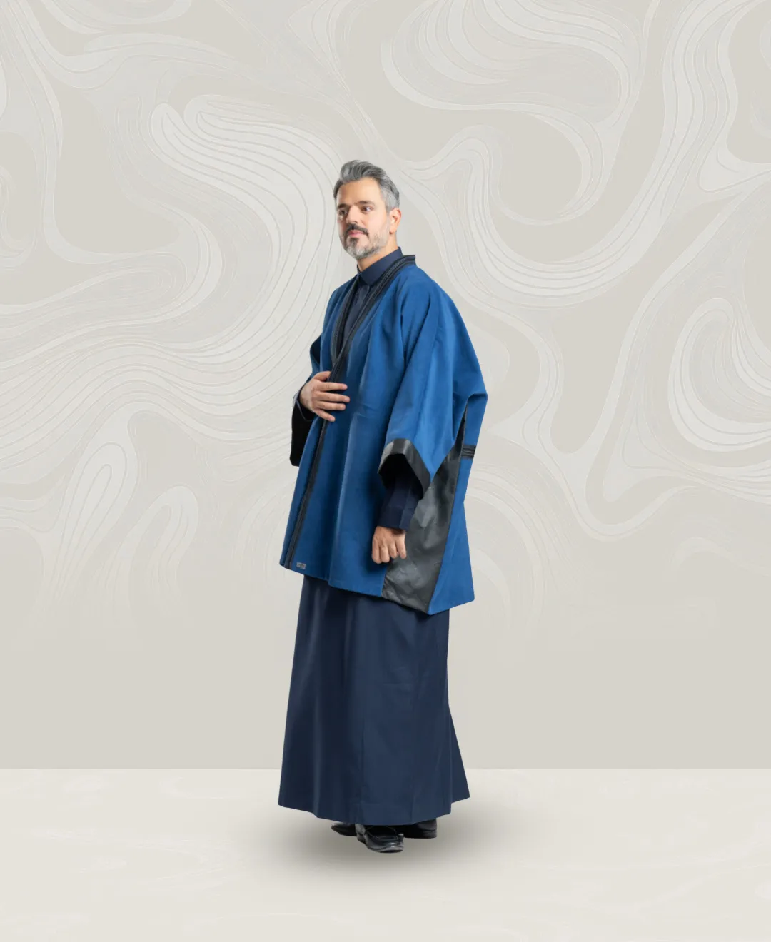 Men’s Blue Wool Jacket with Black Leather & Lisht